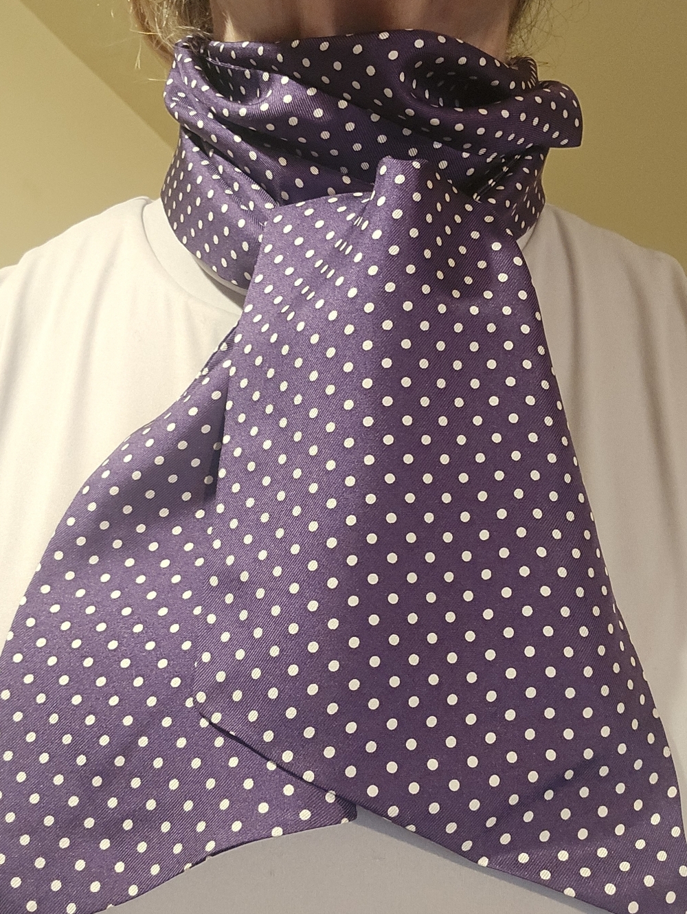 Lands End 100% Silk Oblong Scarf, Purple White Polka Dots